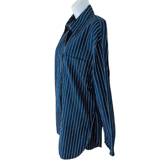 Lafayette 148 Women's Size M Striped Oversize Side Slit Blue White Tunic Shirt - Picture 2 of 7